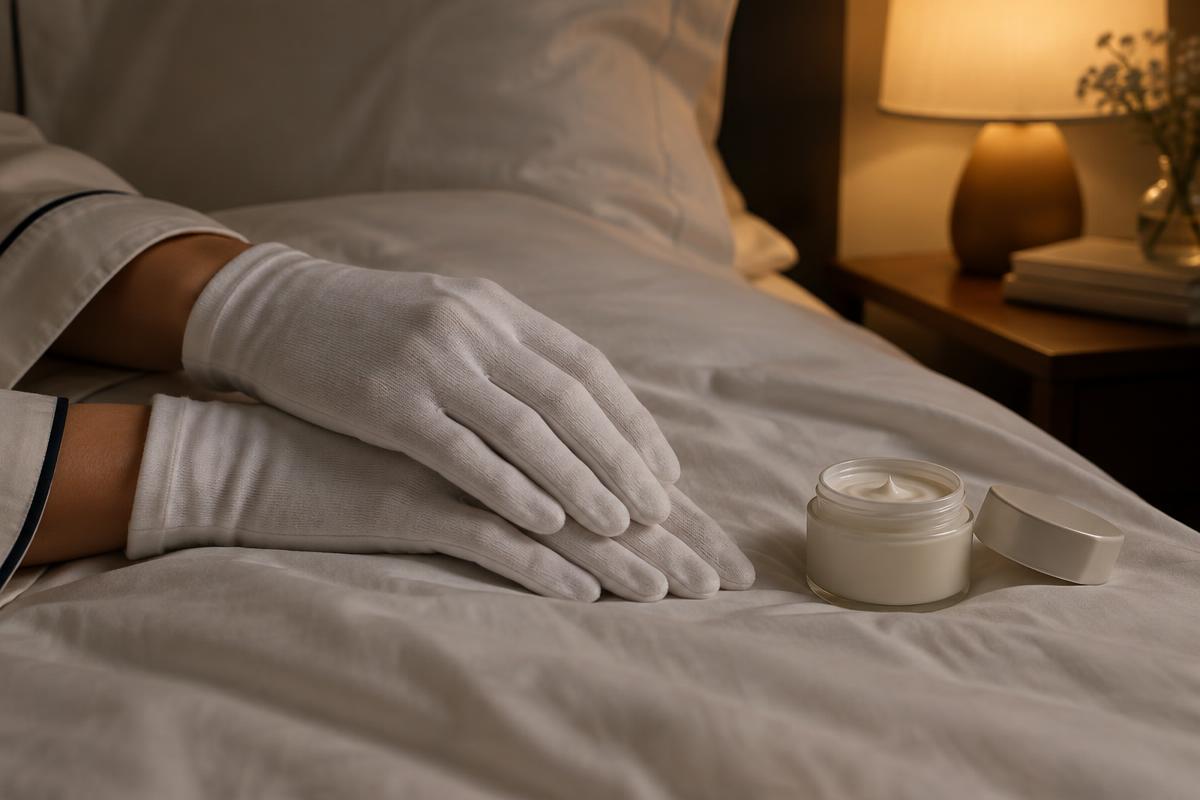Mani con guanti di cotone per il rituale notte