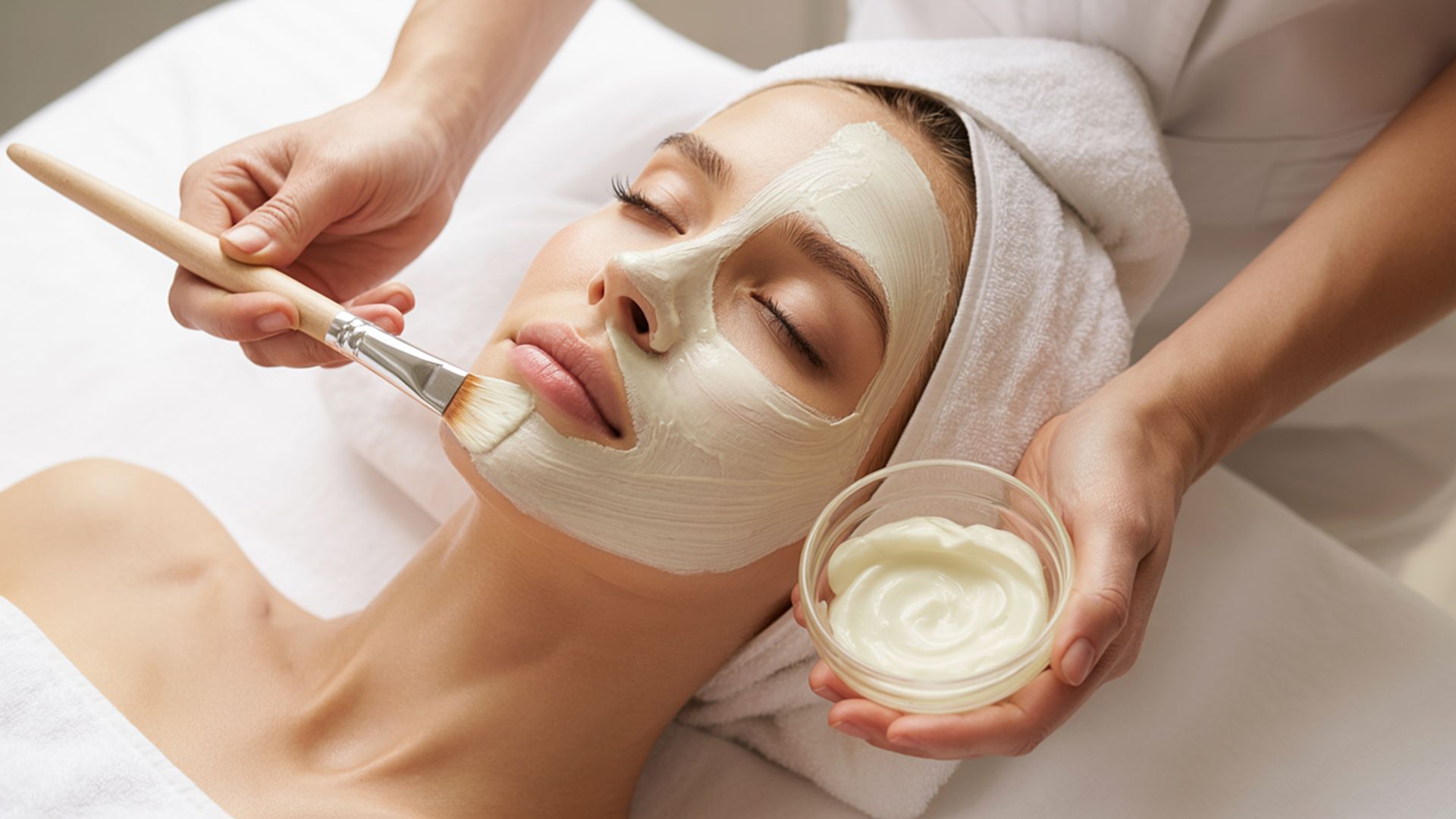 Maschera viso in crema applicata con pennello durante un trattamento