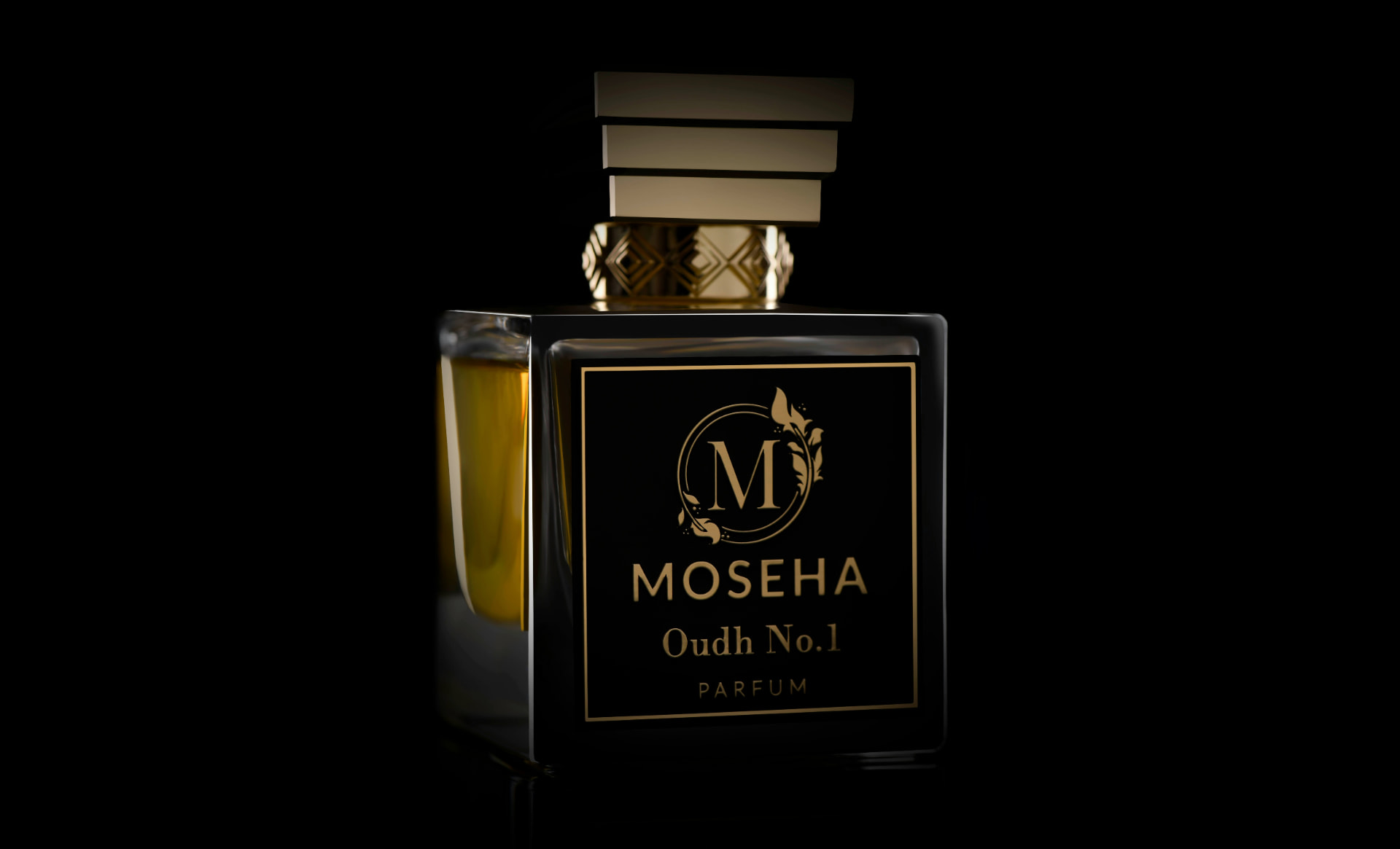Flacone di profumo all'oud su fondo nero a specchio