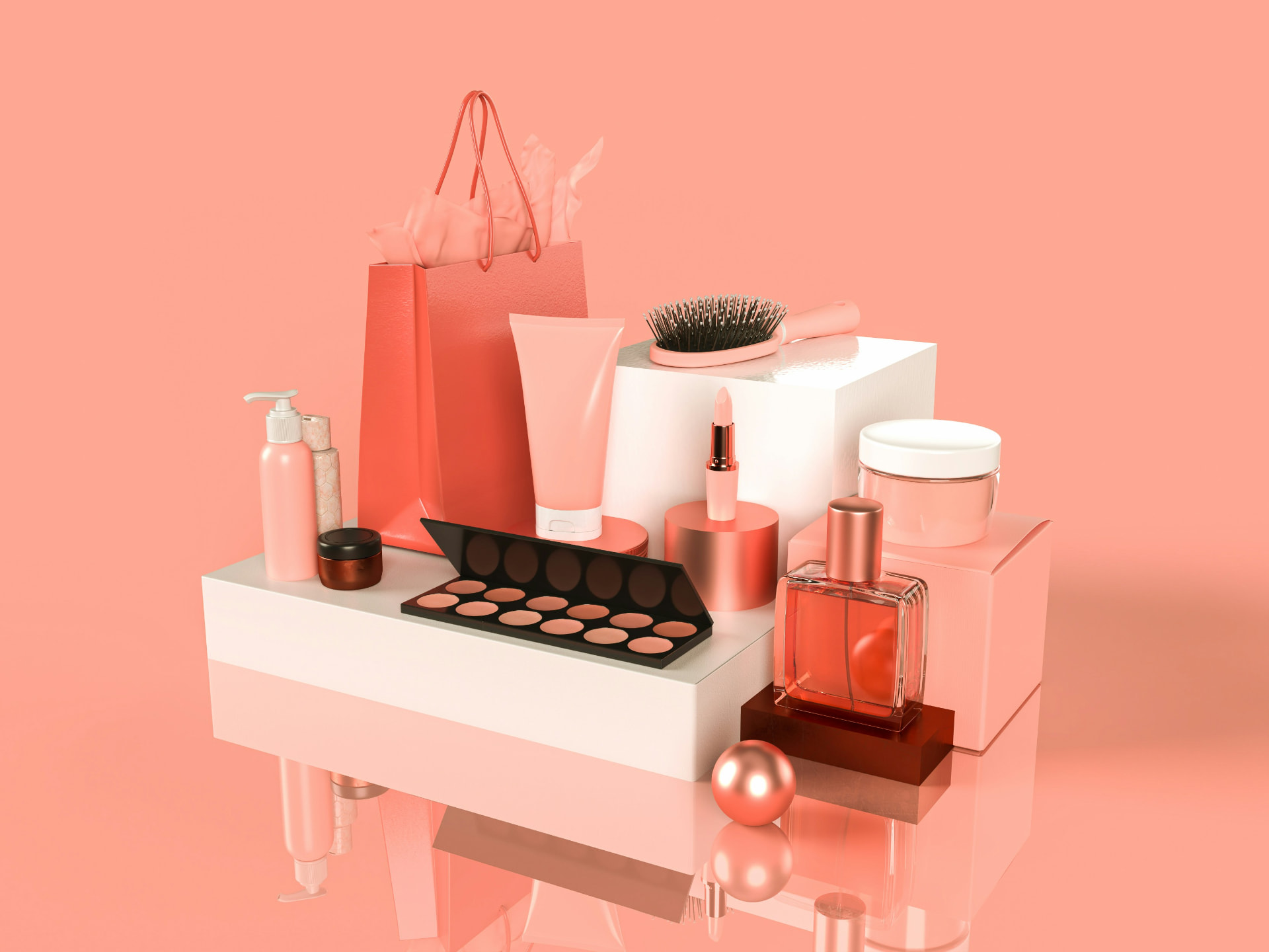 Set beauty completo con palette, rossetto, creme e profumo in tonalità corallo