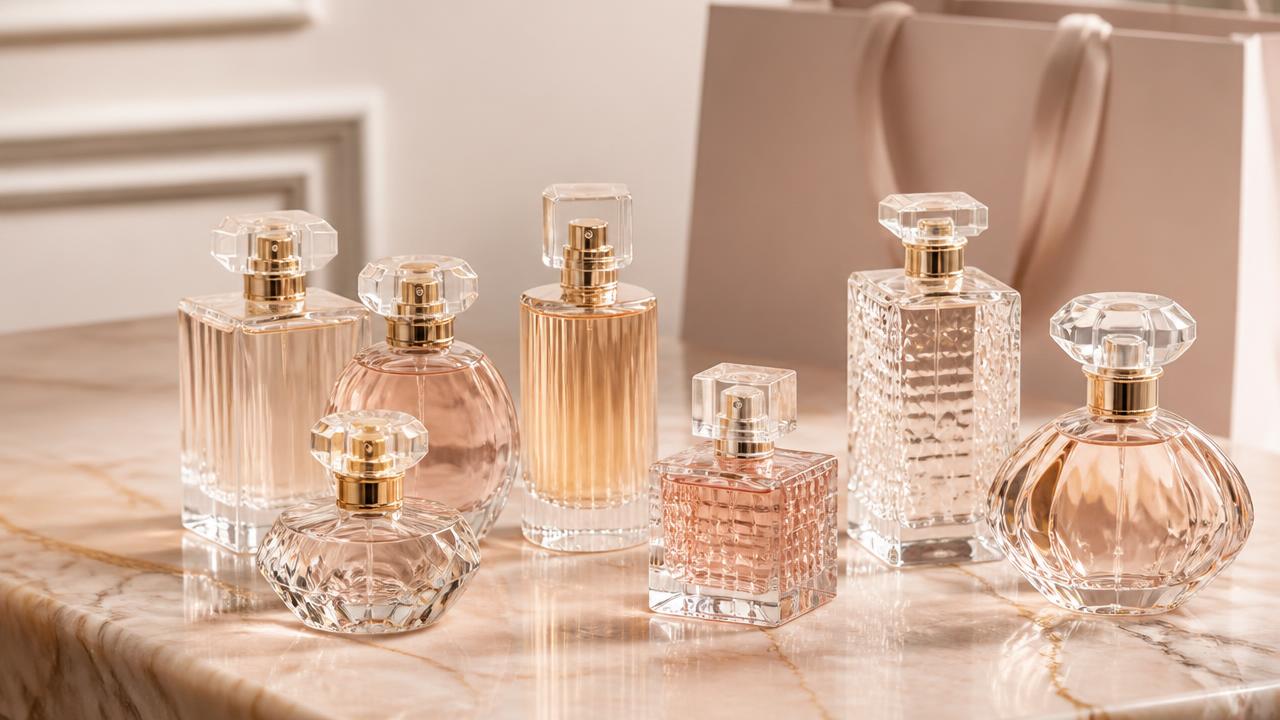 Flaconi di profumo su marmo rosato, offerte profumi online