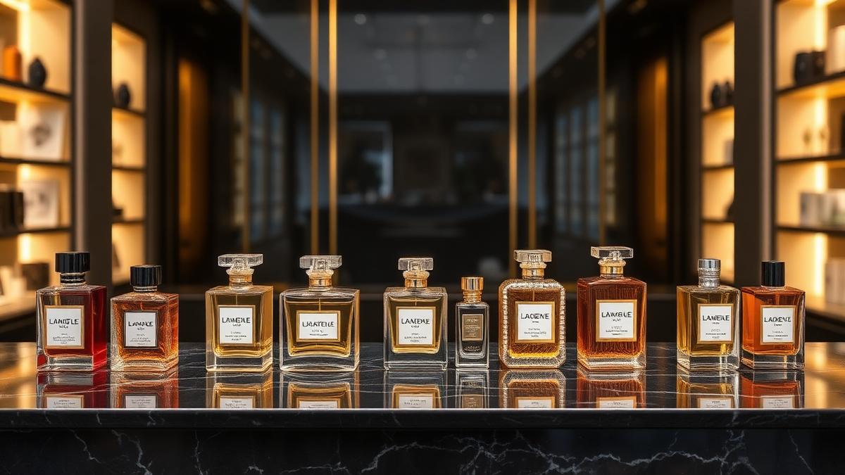 Flaconi di profumo di lusso esposti su un bancone di marmo scuro