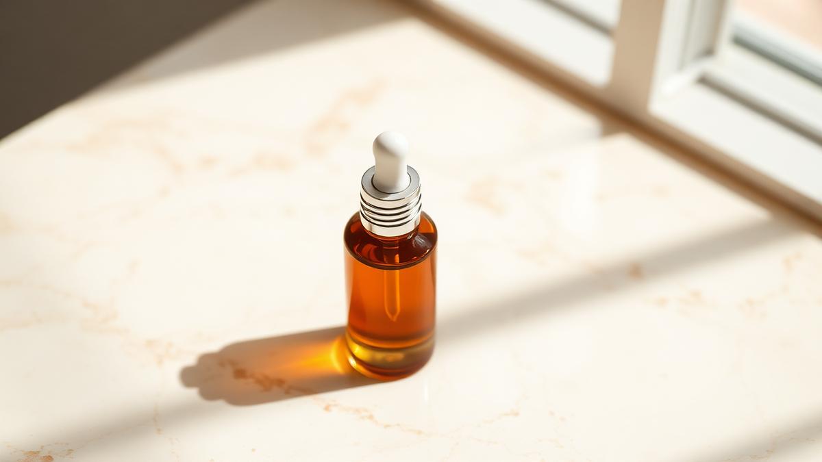 Siero antirughe in flacone di vetro ambrato su superficie di marmo