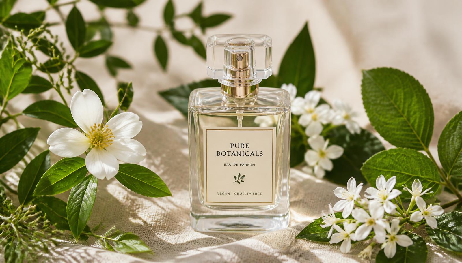 Profumo vegano e cruelty-free con fiori bianchi e foglie verdi