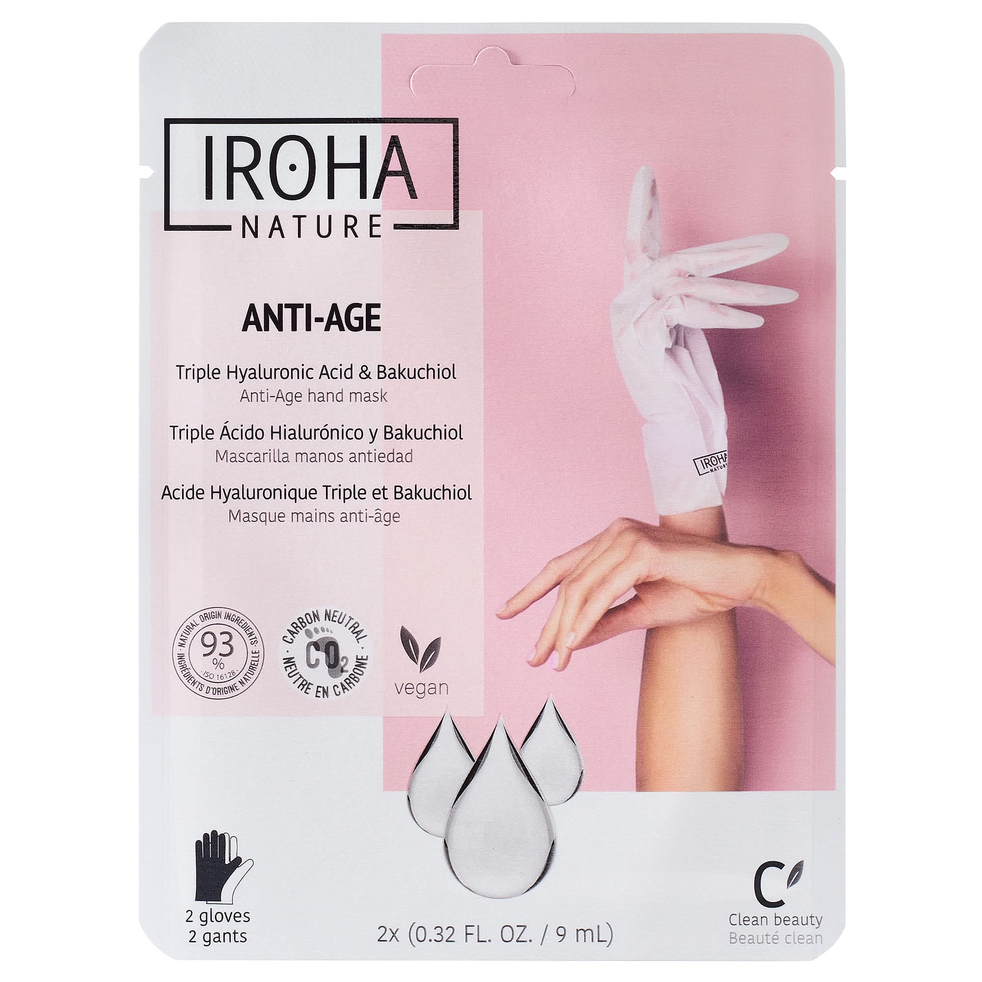 Iroha Nature - 2 guanti maschera anti-età per mani al triplo acido ialuronico, bakuchiol e niacinamide