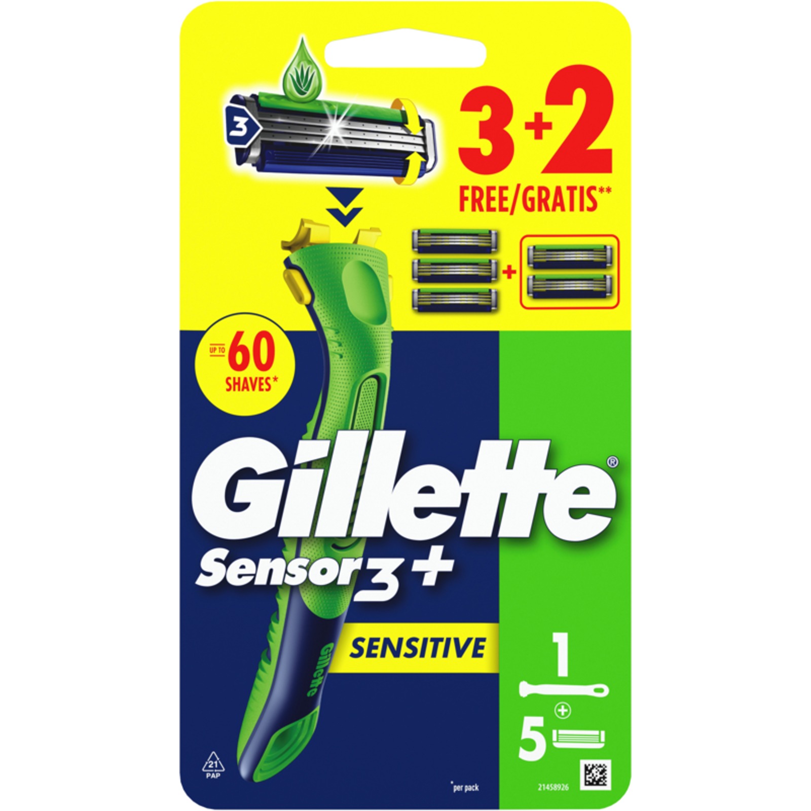 Sensor3+ Sensitive Rasoio Da Uomo A 3 Lame 1 Manico + 3 Lamette + 2 Gratis