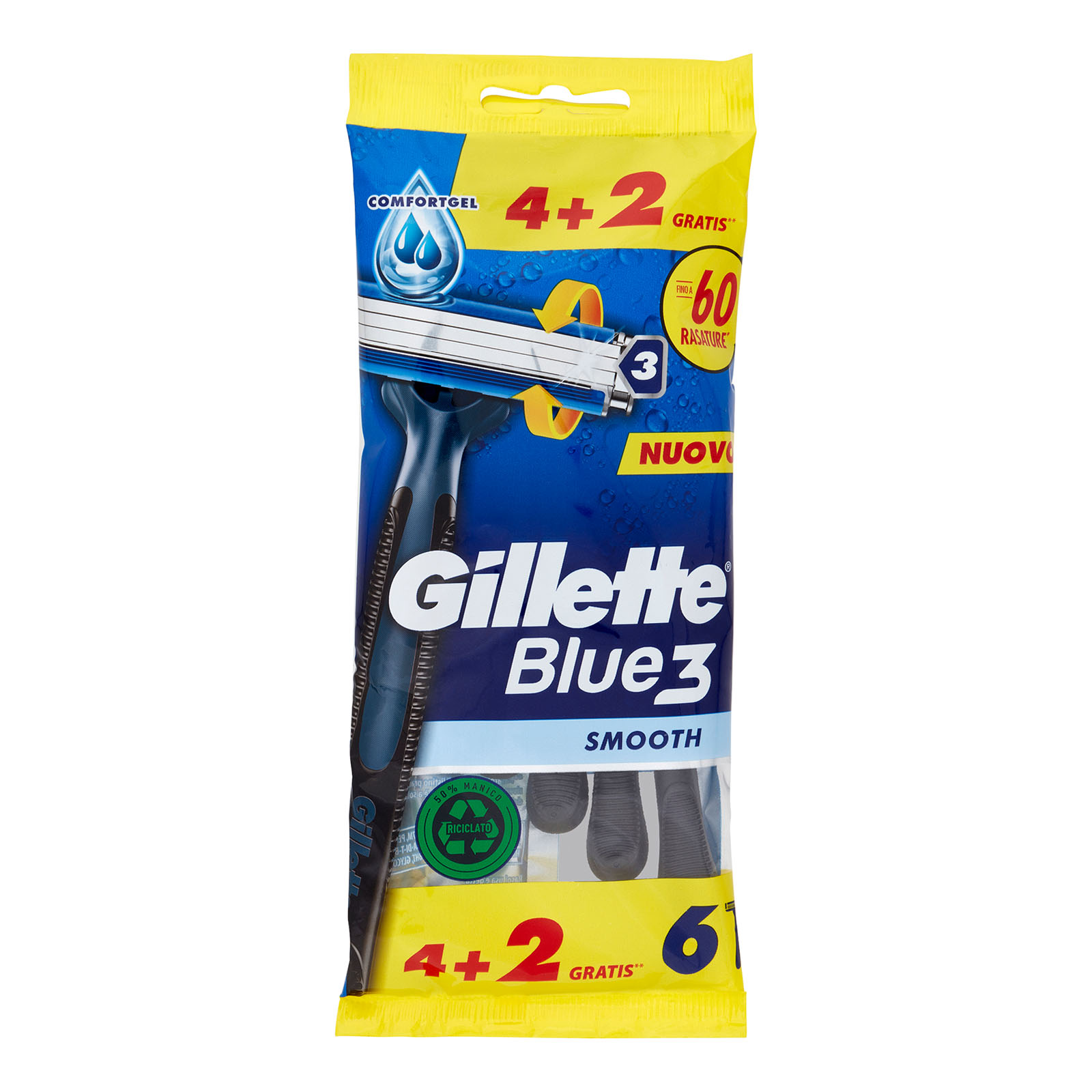 Rasoio Uomo Blue3 Smooth Usa E Getta A 3 Lame, Confezione Da 4 Rasoi+2 Gratis = 6 Rasoi