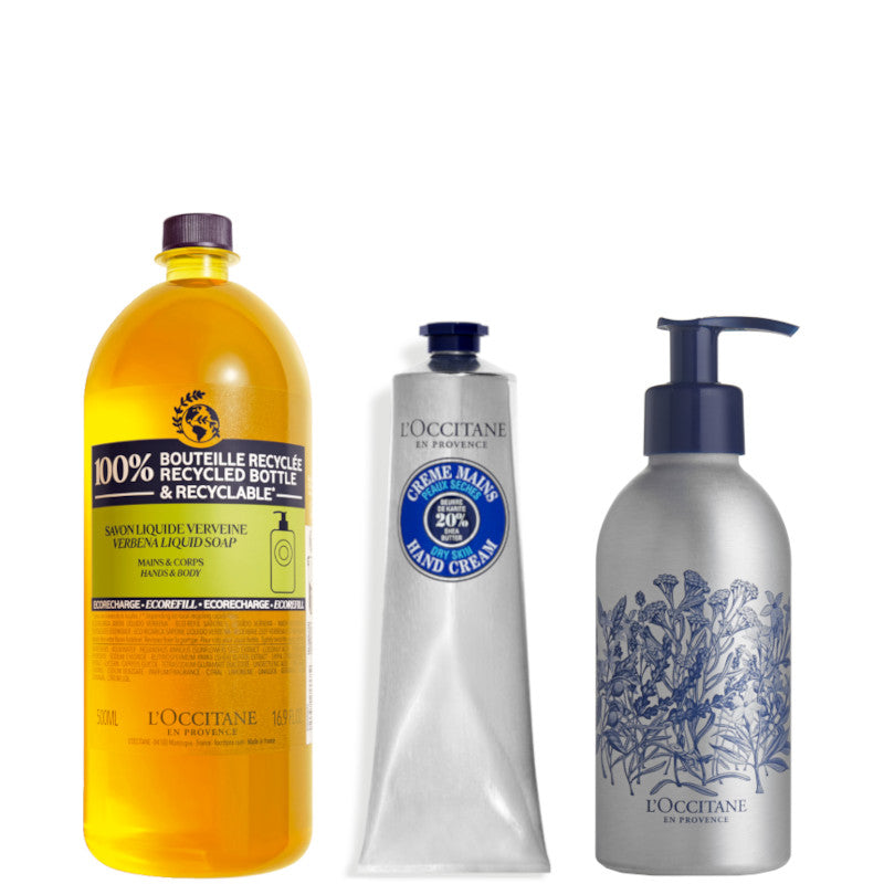 Karitè - Collection Soins des Mains 500 ML Ricarica Sapone - 500 ML Ricarica Sapone Liquido Mani + 75 ML Crema Mani + Flacone Vuoto in Alluminio