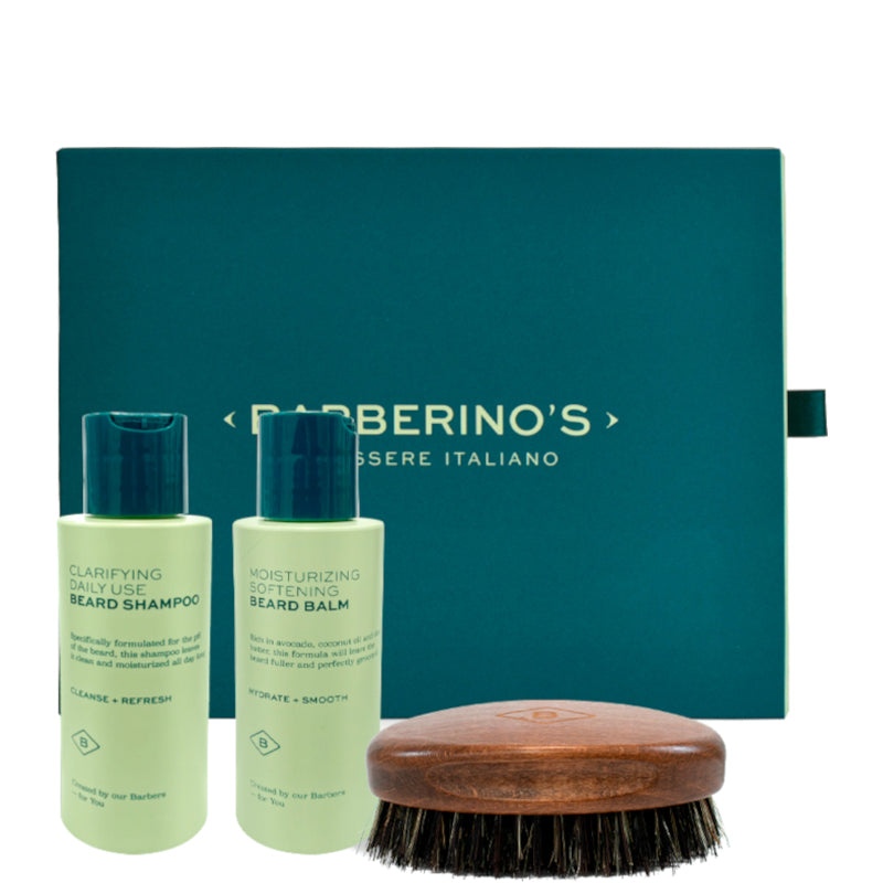 Barberino's - Beard Grooming Set - Cura della Barba Set 100 ML - 100 ML Shampoo Barba + 100 ML Balsamo Barba Multifunzione + Spazzola da Barba