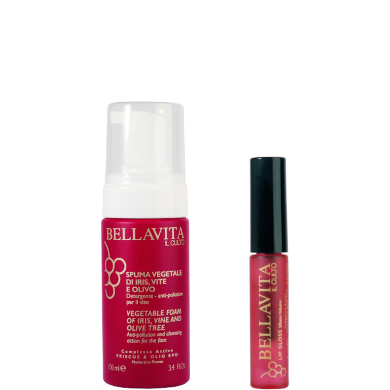 Priscus & Olio Evo - Spuma Vegetale di Iris, Vite e Olivo Confezione 100 ML Detergente - 100 ML Detergente Mousse Viso + Lip Gloss Effetto Volume