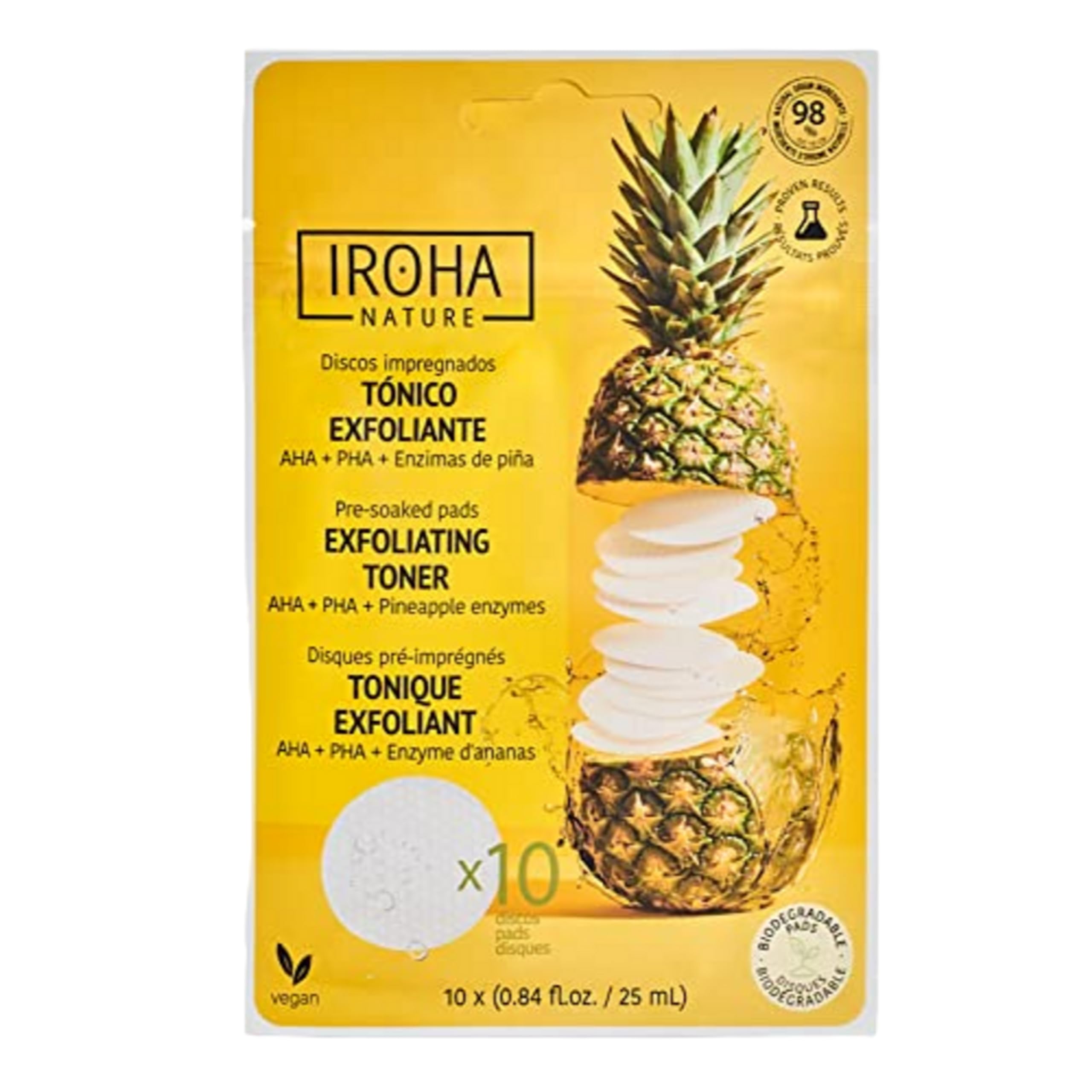 Iroha Nature - 10 dischetti tonificanti, esfolianti, illuminanti con 1% aha, 1% pha, enzimi di ananas, 40% olivello spinoso