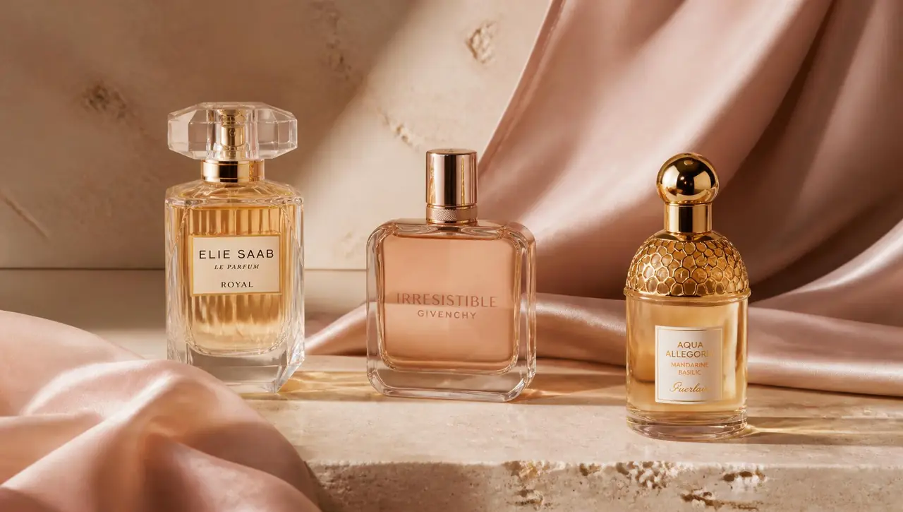 Profumi di lusso in flaconi di vetro su pietra beige
